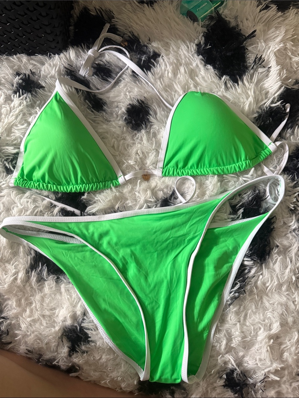 Fashion Nova Neon Green Triangle Bikini with White Trim